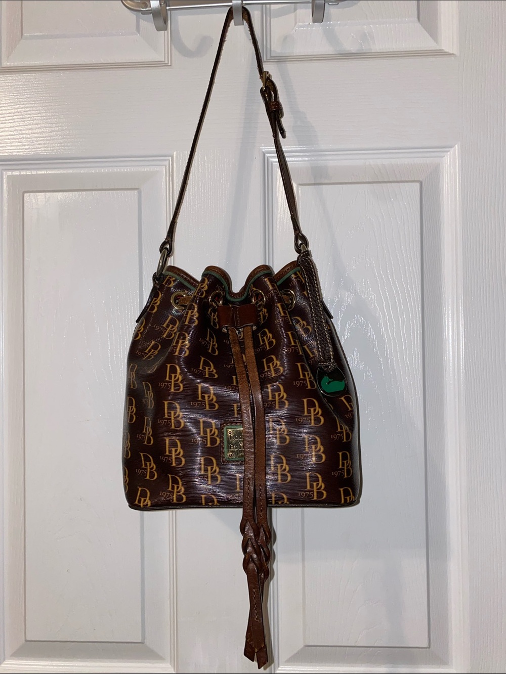 Dooney & Bourke Brown DB Monogram Braided Drawstring Bucket Bag - Picture 3 of 12